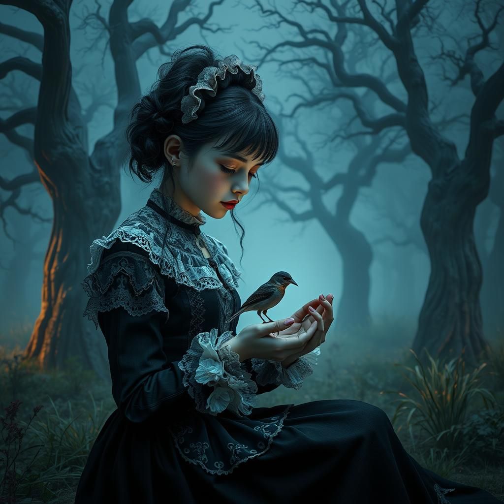 Goth Girl Caring for Injured Bird in Fantasy Art