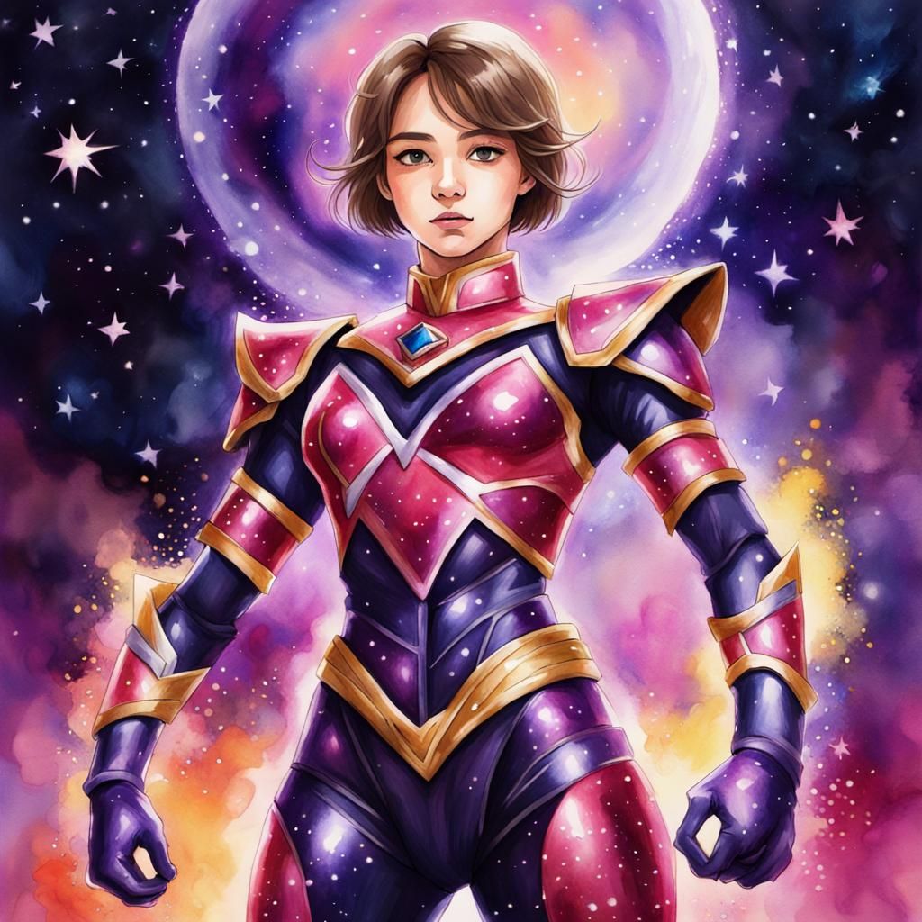 Magical Power Ranger in Galactic Nebula: Watercolor Art