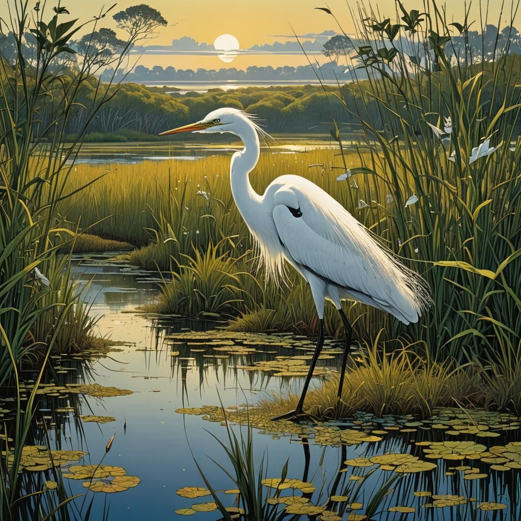 Ethereal Egret in Expansive Estuary, Luminous Painting