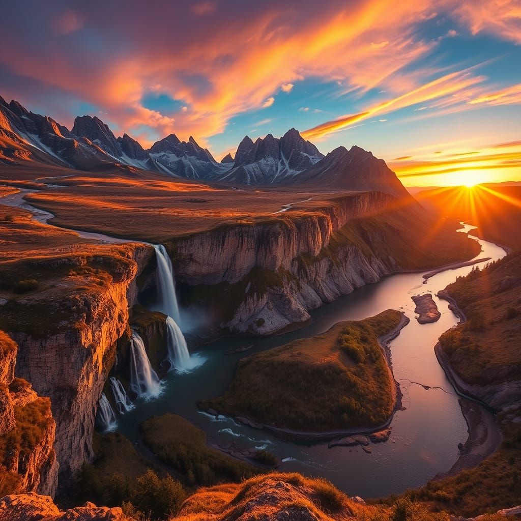 Mountains and Waterfalls at Sunset: Digital Landscape Art