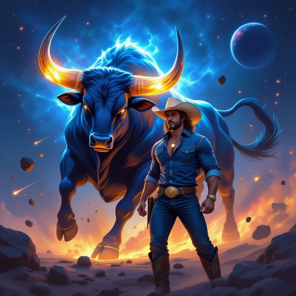 Cosmic Cowboy Battles Celestial Bull in Deep Space