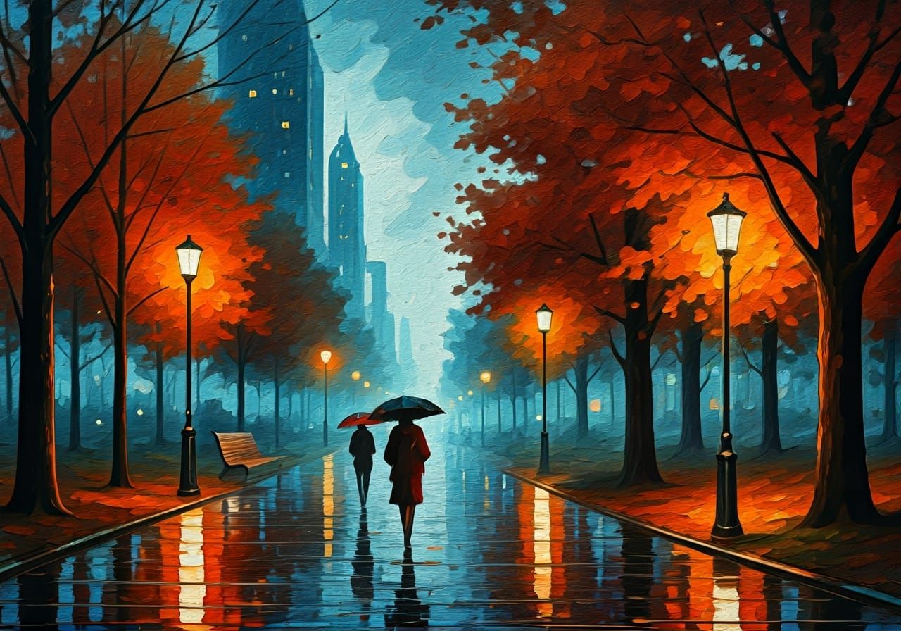 Futuristic City Park in Rainy Autumn, Expressionist Impasto