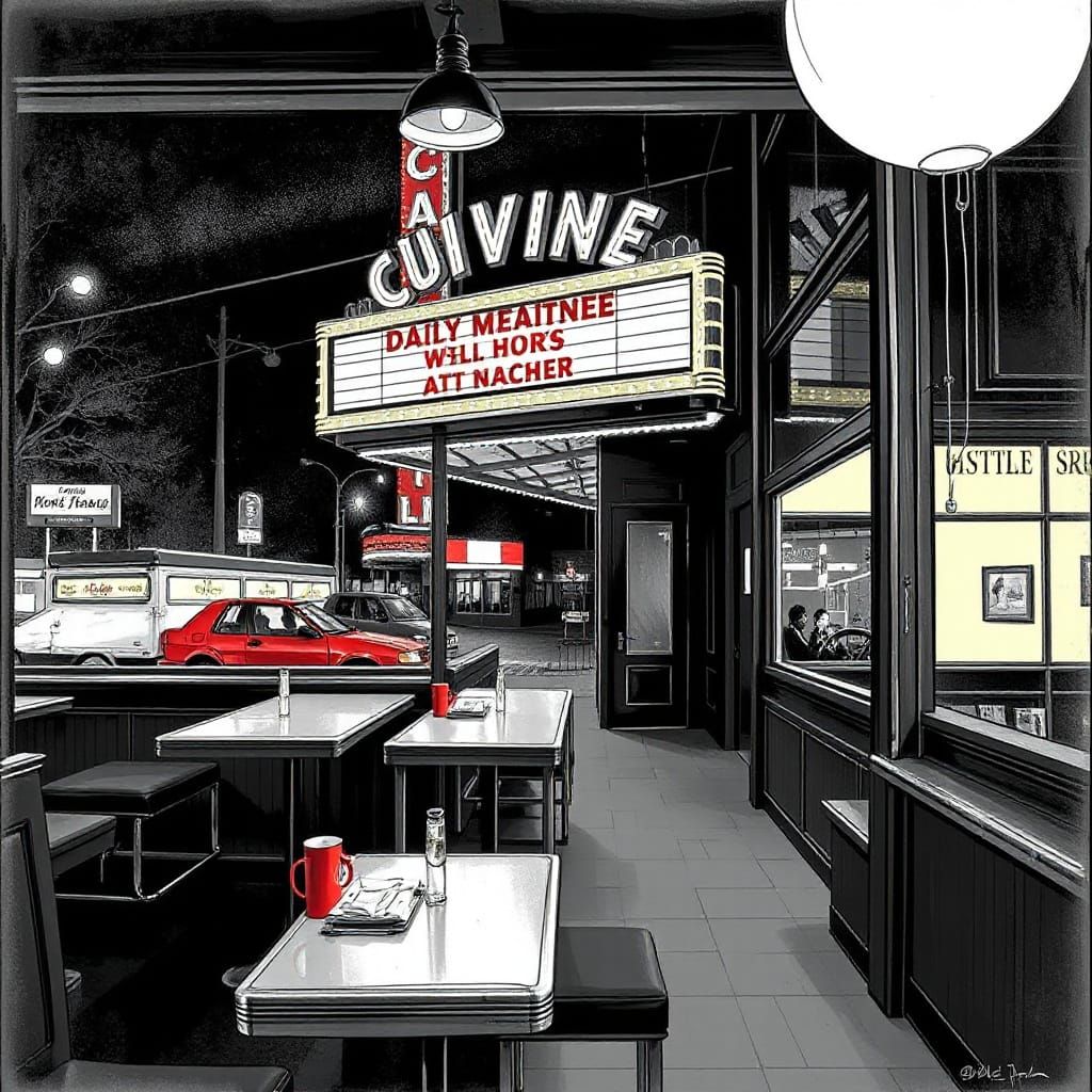 Woman at Diner Window Glimpses Vibrant Theater