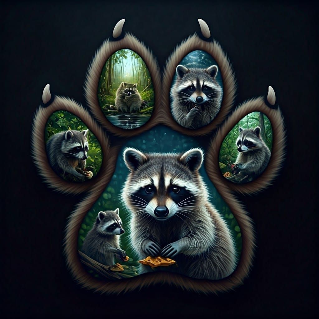 Whimsical Raccoon Pawprint in Hyperdetailed Oil Painting Sty...
