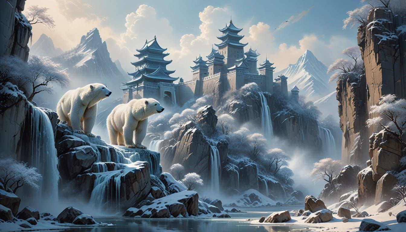Majestic Polar Bears in Frosty Chinese Castle Landscape