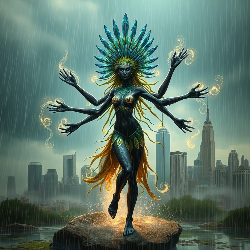 Rain Dancer Amidst NYC Skyline, in Dreamlike Style