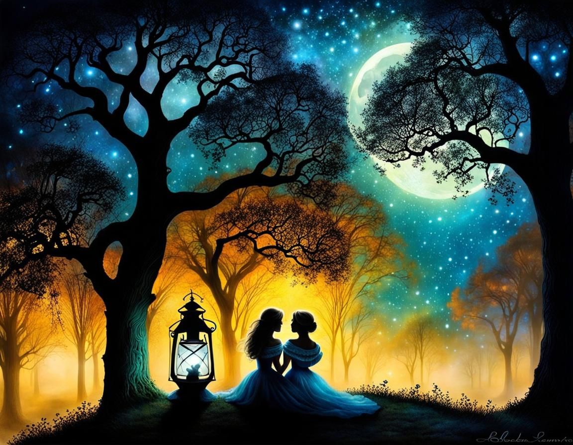 Women Embrace Under Starry Oak Trees