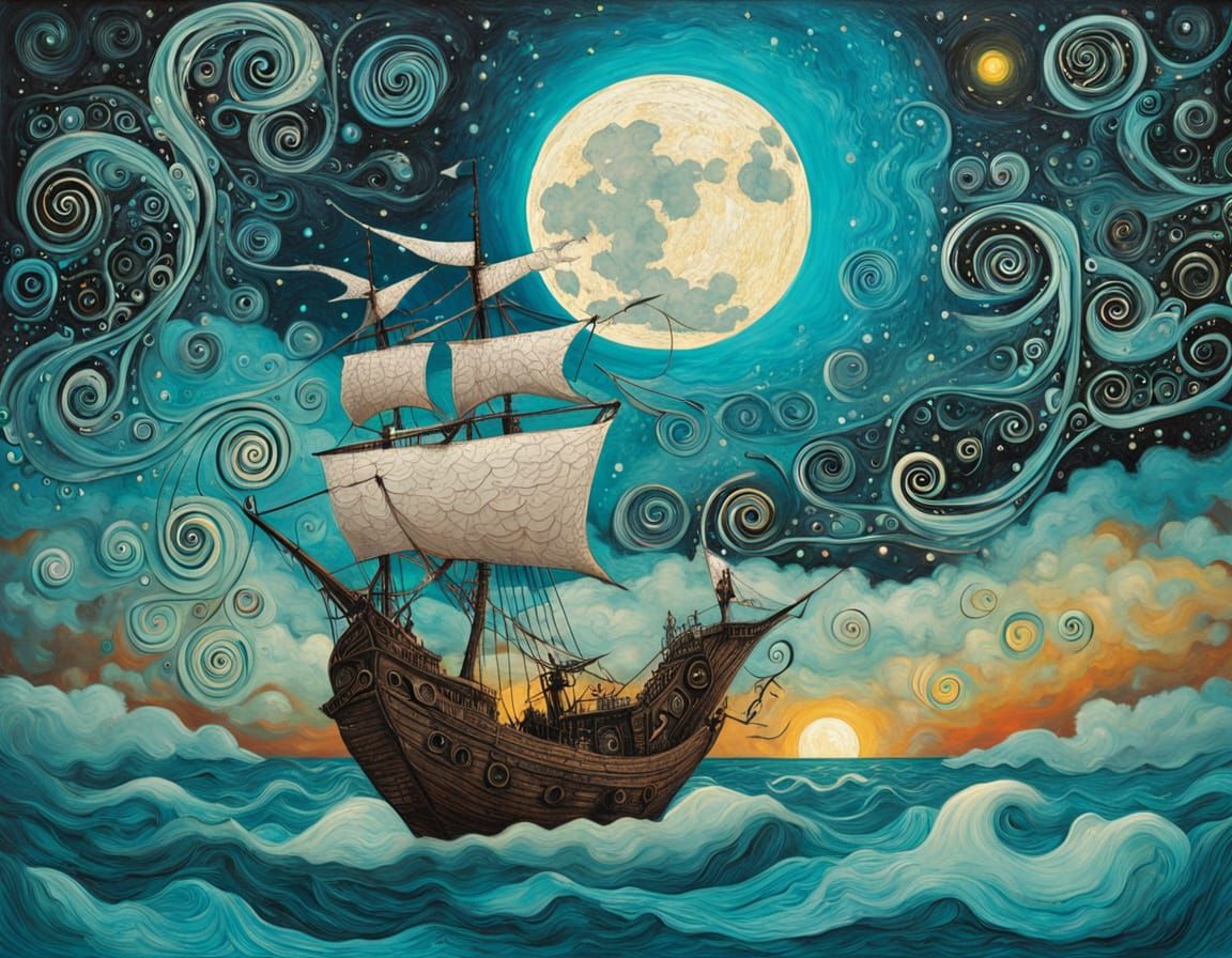 Abstract Ship at Sea Painting with Swirling Clouds