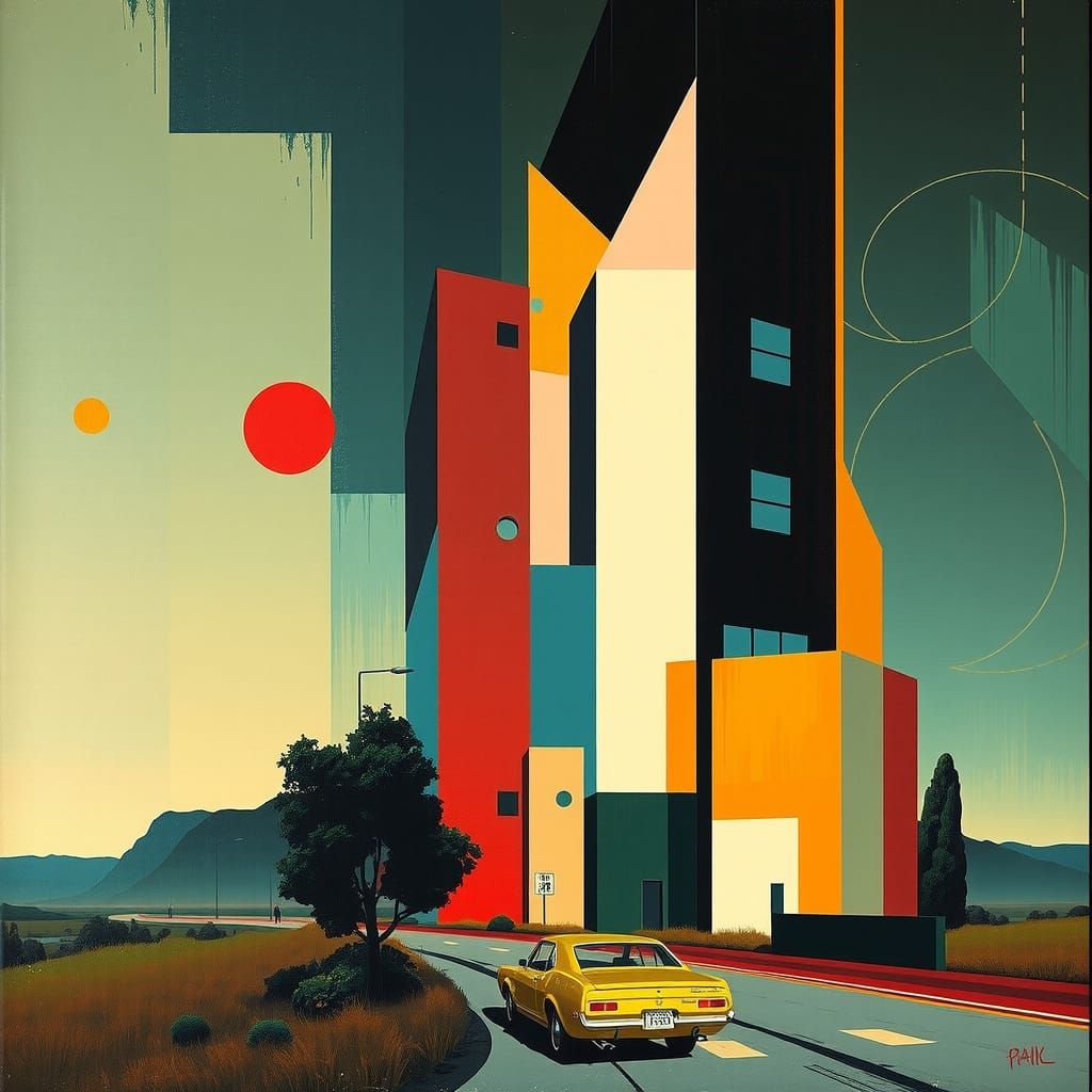 Retrofuturist Geometric Abstract Art as Oil on Canvas Collag...