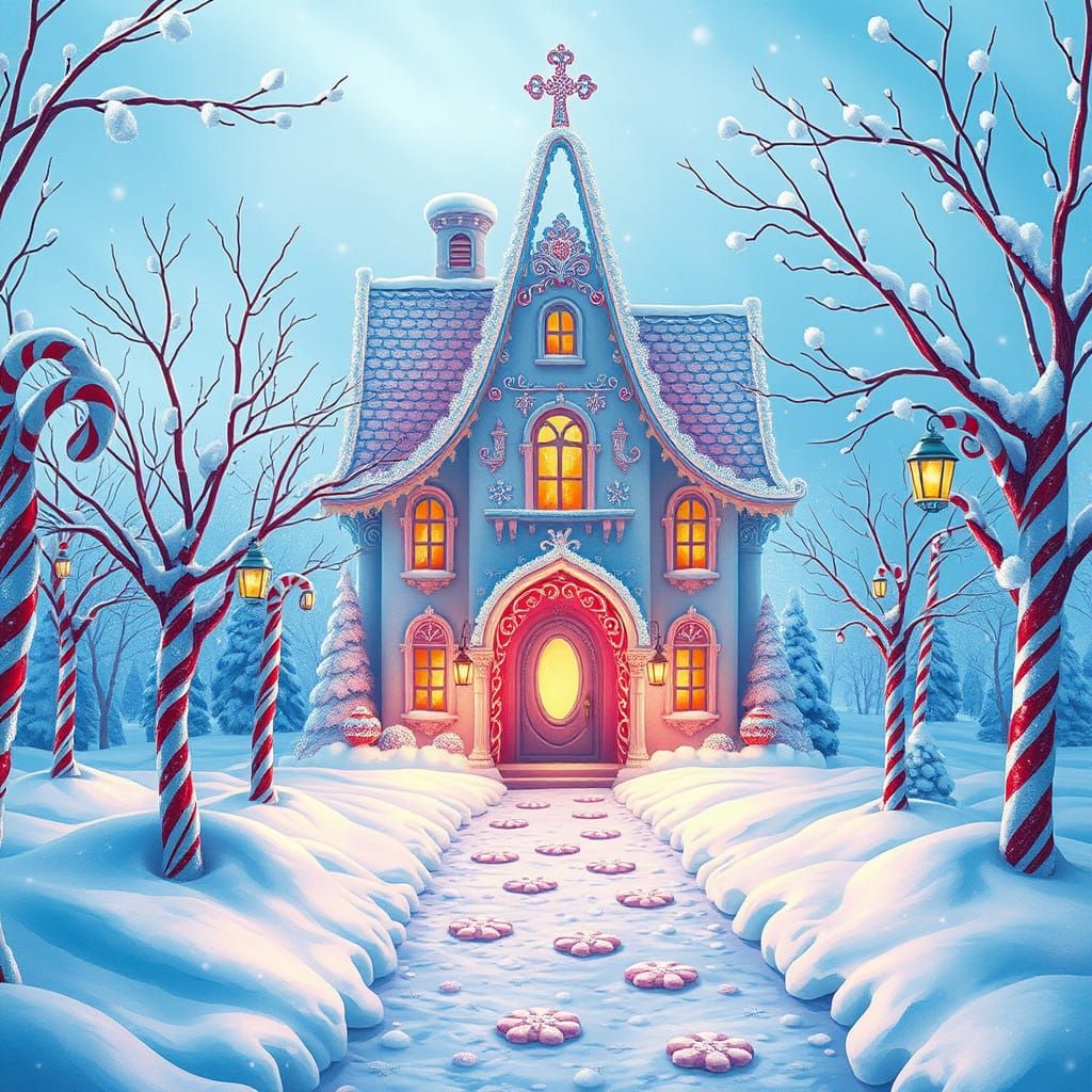 Whimsical Cotton Candy Mansion in Winter Wonderland