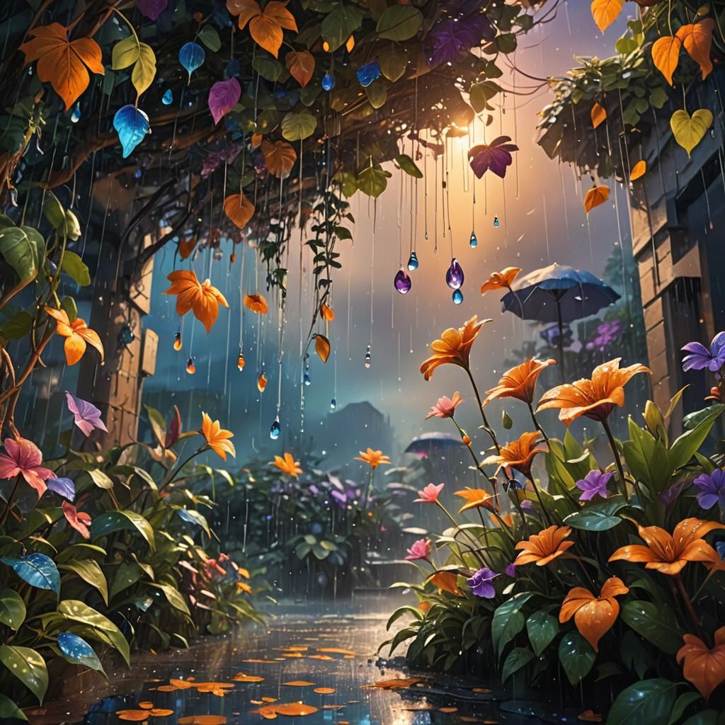 Blooming Leaves in Rainy Sunset: Concept Art