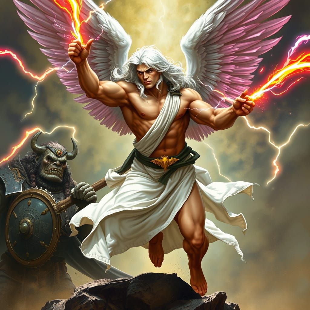 Angelic Warrior Strikes Ogre with Rainbow Lightning