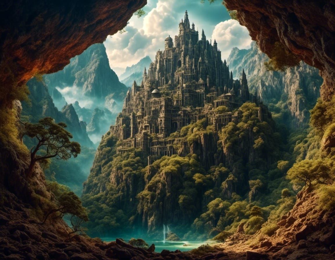 Ancient Mountain Fortress in Hyperrealistic Fantasy Art