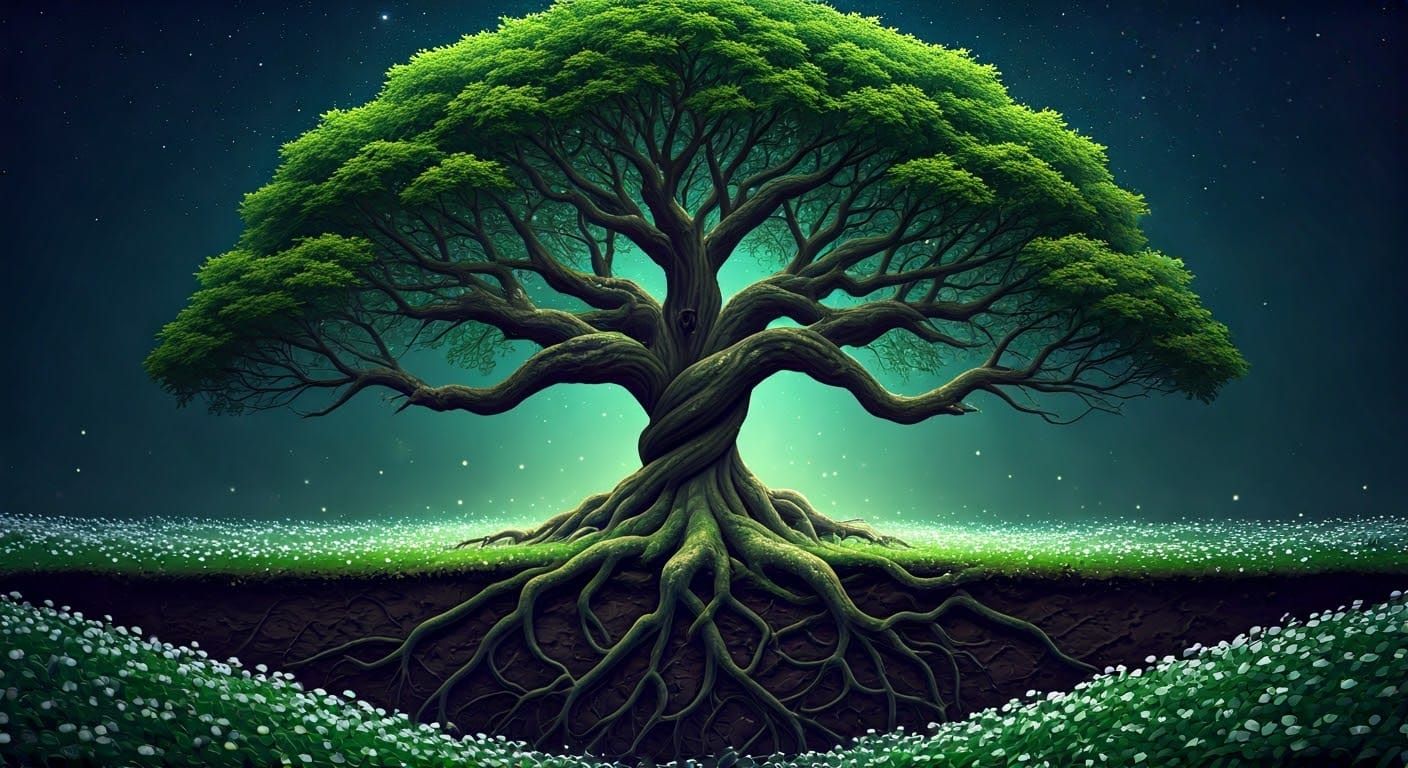 Majestic Ancient Oak Tree in Enchanted Forest, Whimsical and...