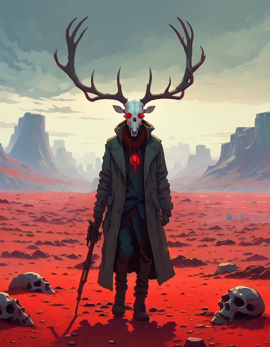 Apocalyptic Wasteland: Lone Figure with Deer Skull