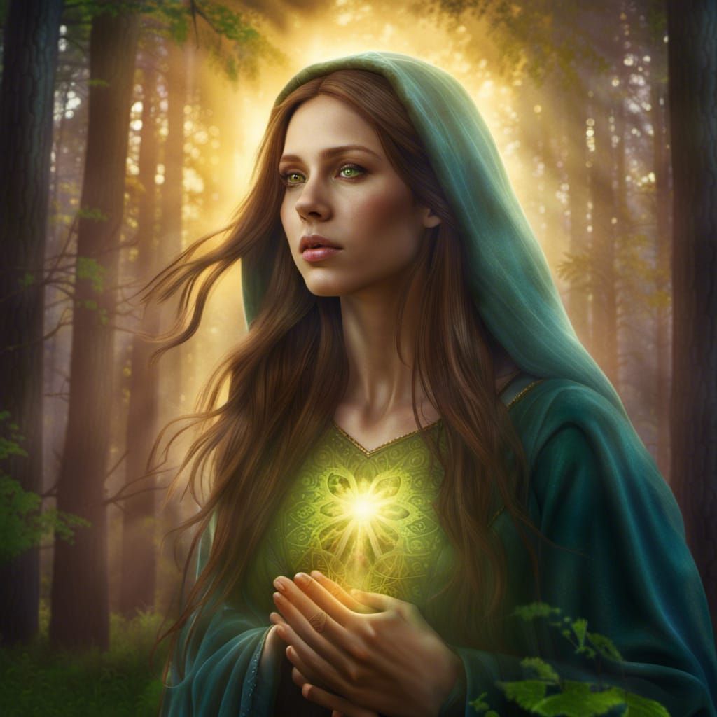 Mary Magdalene in Forest with Heavenly Light