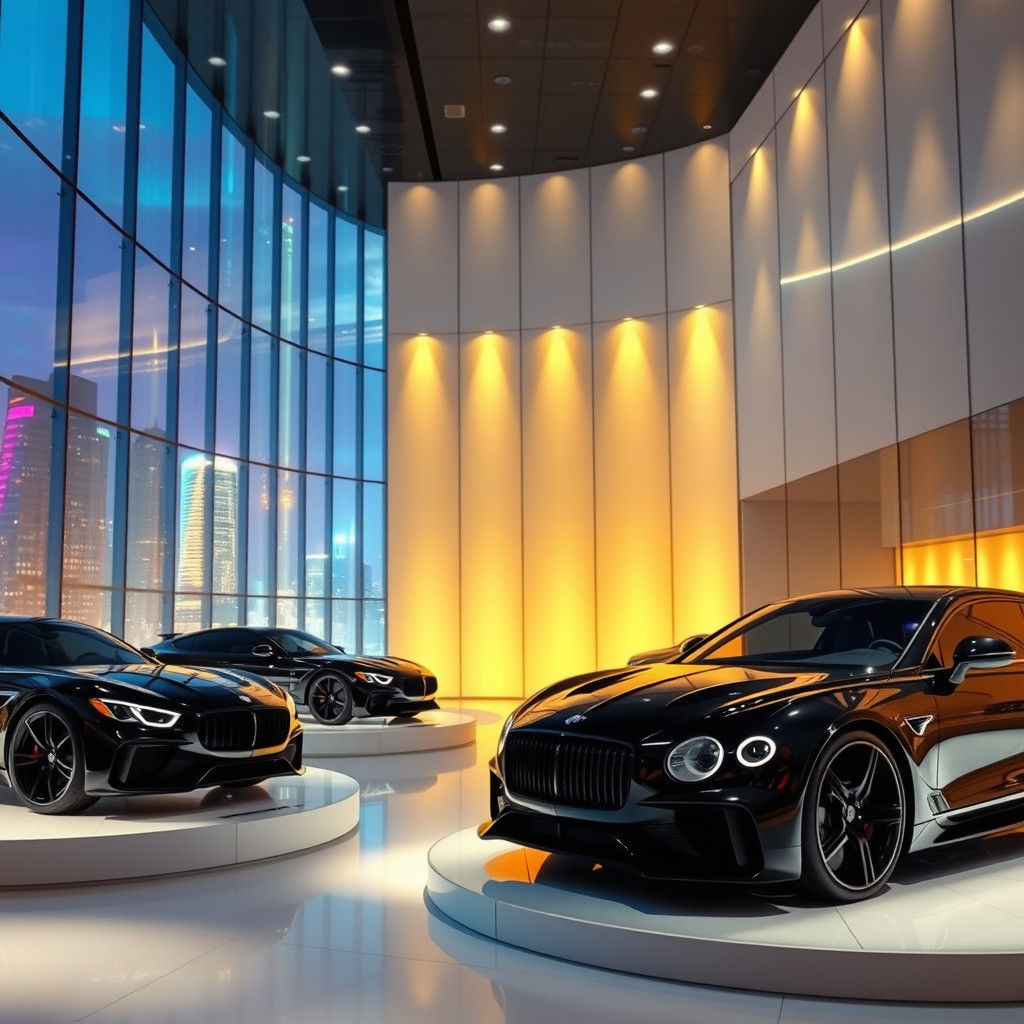 Luxury Car Showroom Reflecting City at Night