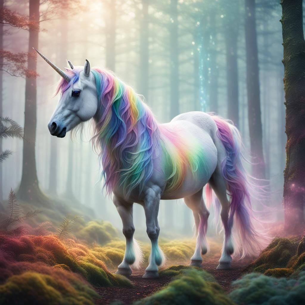 Rainbow Unicorn in Dreamlike Forest: Cinematic Still