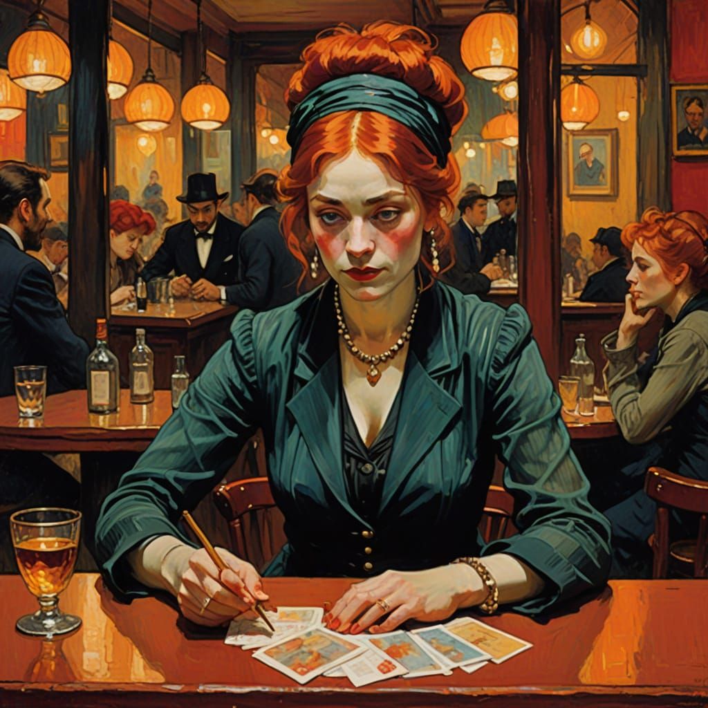 Redhead Fortune Teller in Toulouse Lautrec Style