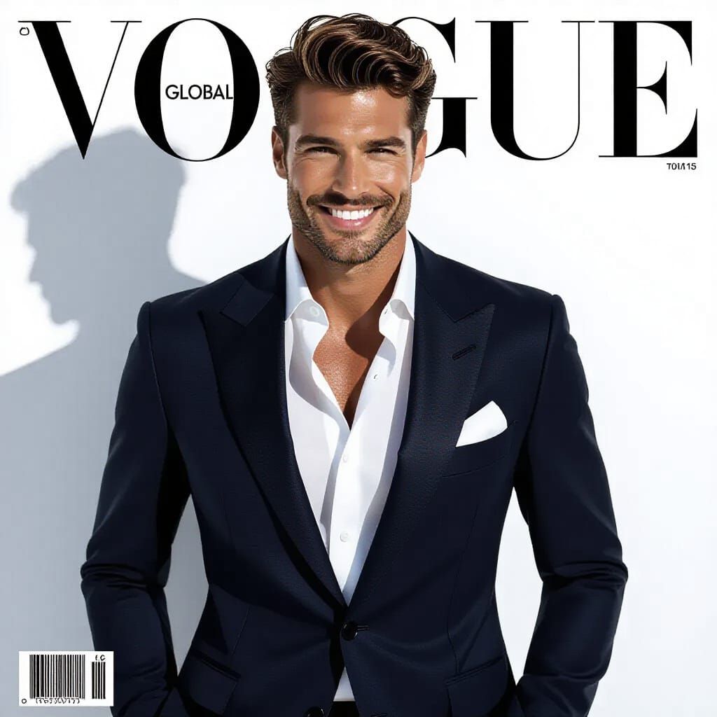 Vogue Cover: Italian Man in Modern Armani Haute Couture