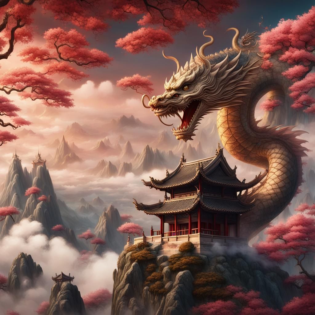 Chinese Princess Rides Dragon in Fantasy Landscape