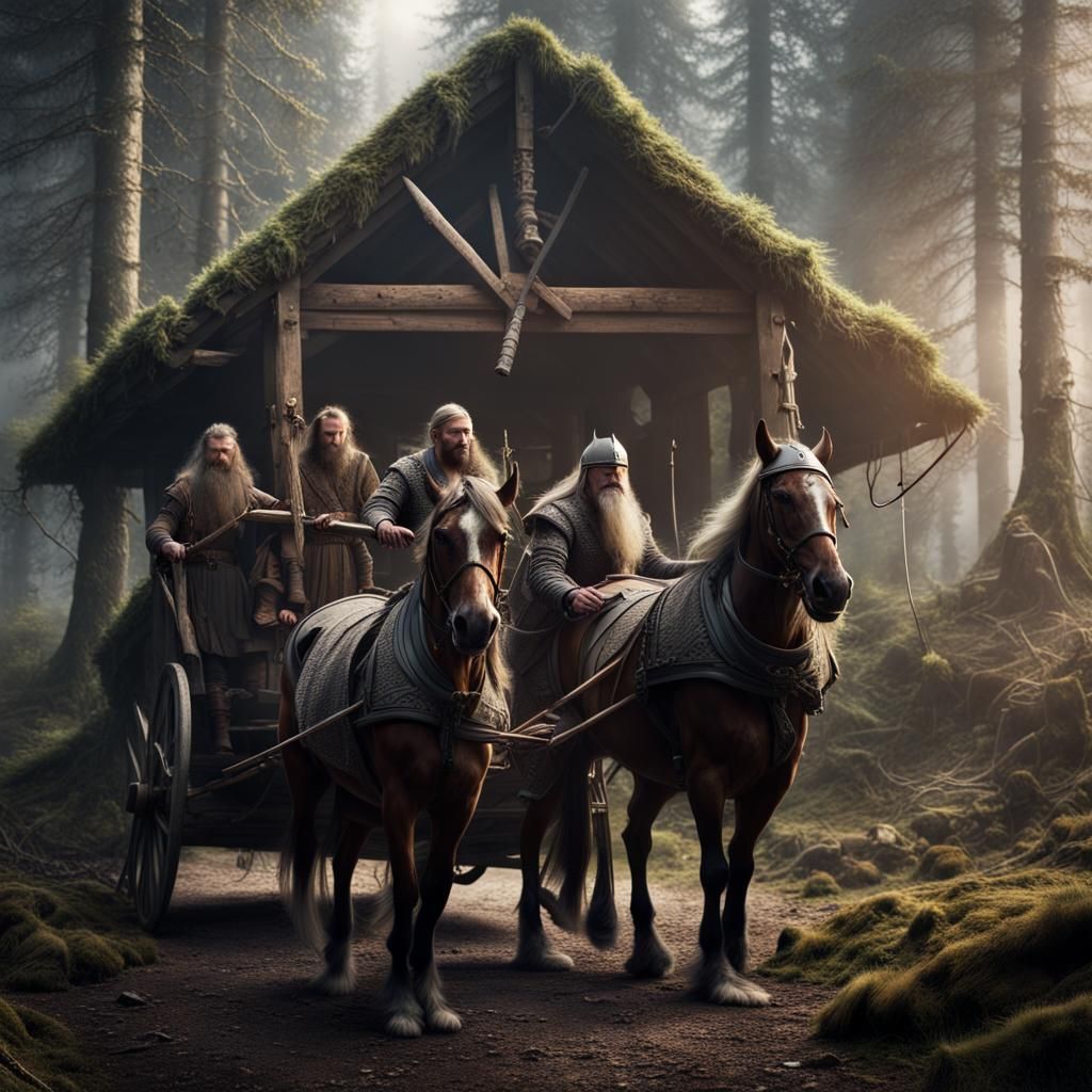 Vikings Constructing Horse Carriage in Ancient Forest