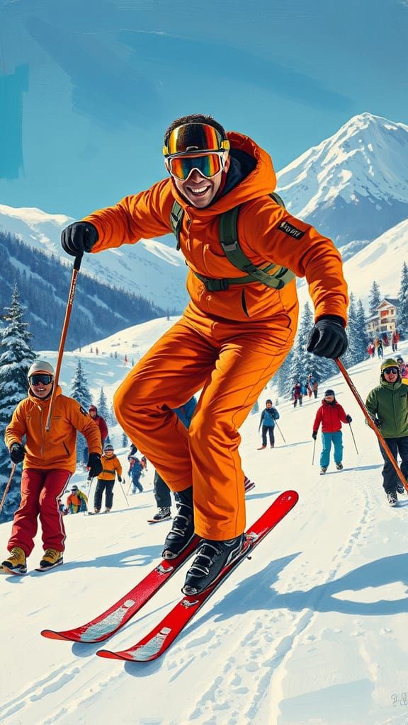 Vibrant Winter Ski Resort Scene in Neo-Impressionist Style