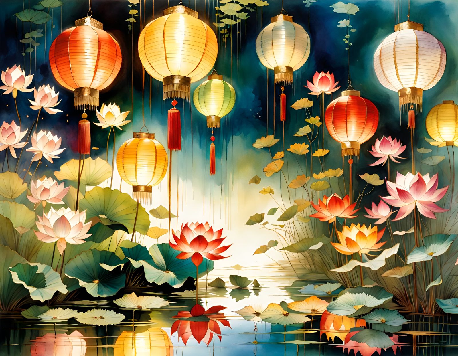 Chinese Lanterns Reflecting in Lotus Pond: Watercolor
