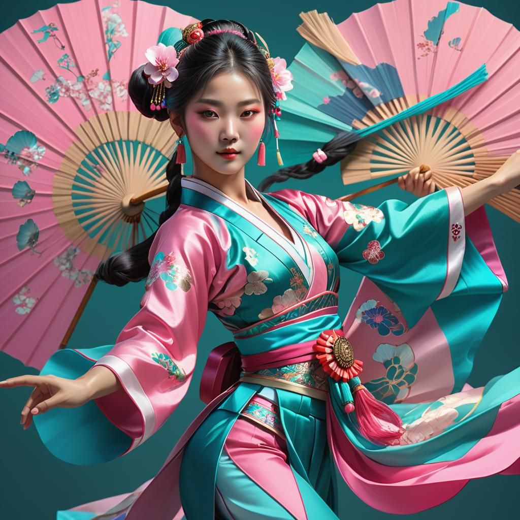 Korean Fan Dancer Portrait in Digital Art Style