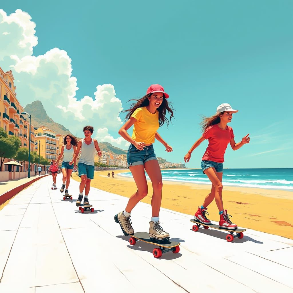 Vibrant Seaside Skate Scene in Hockney Style