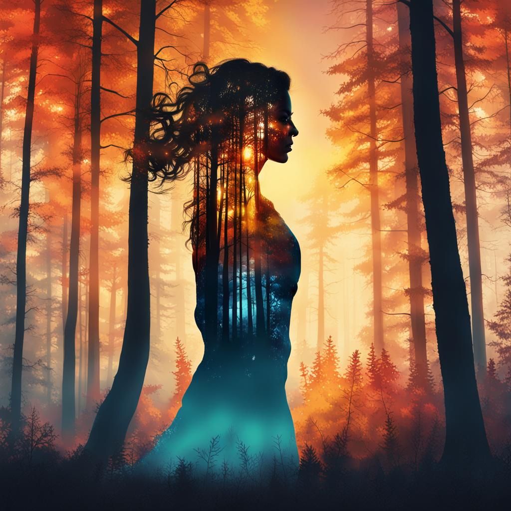 Autumn Sunrise Double Exposure with Powerful Female Silhouet...