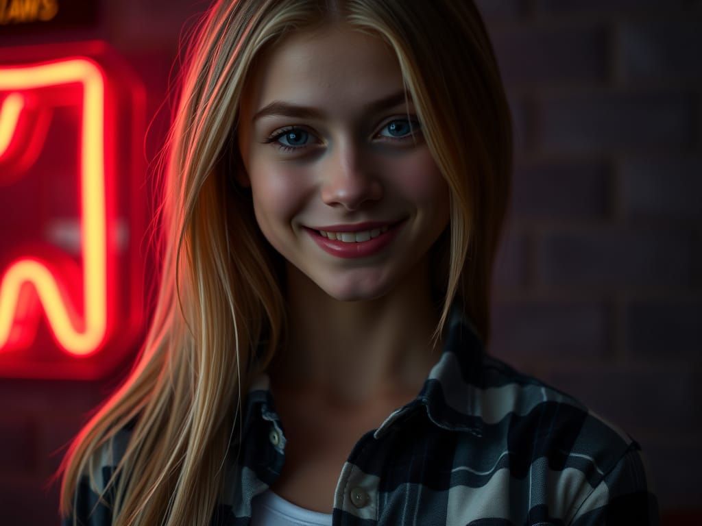 Blonde Woman Portrait with Red Neon Lights