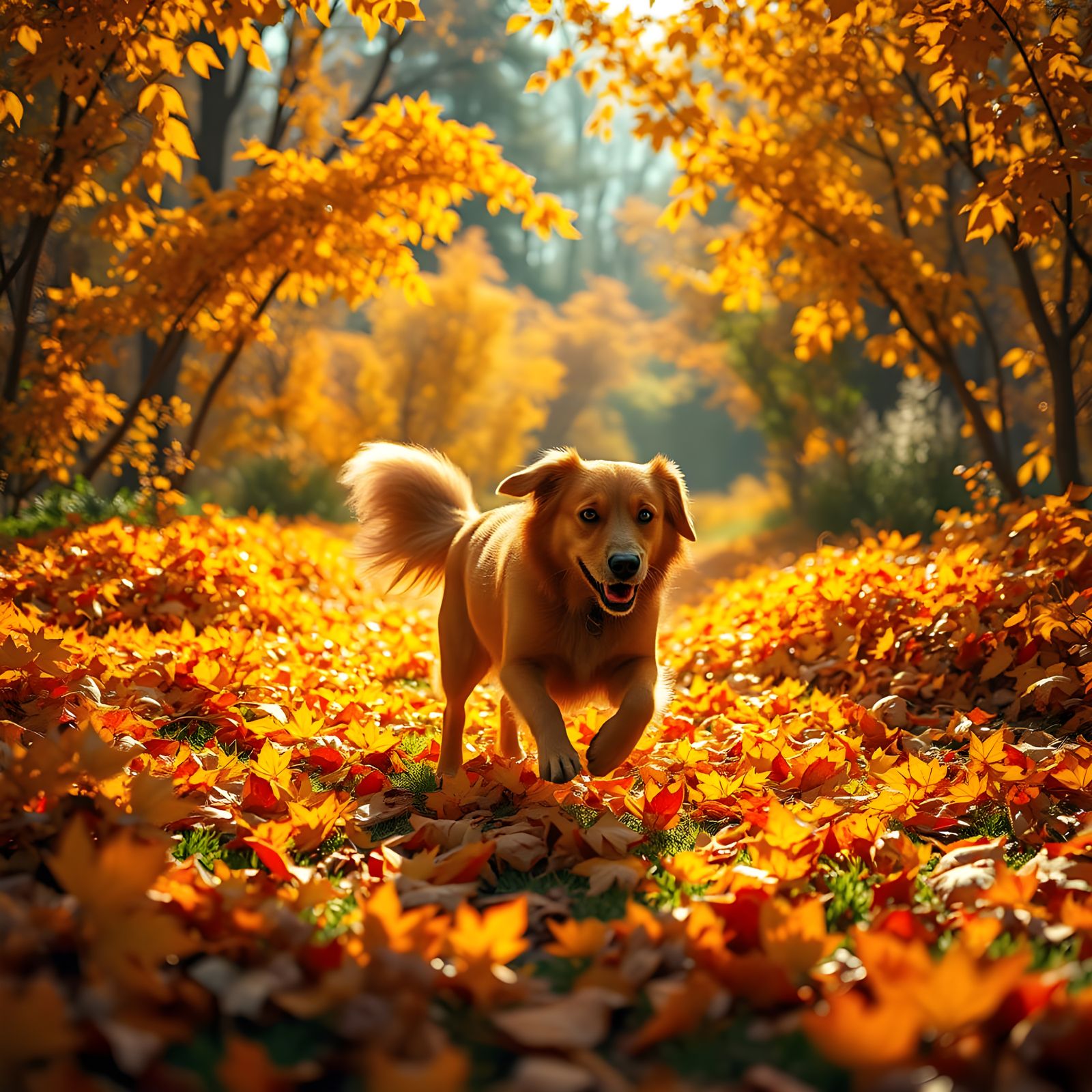 Vibrant Autumn Garden Scene with Joyful Dog