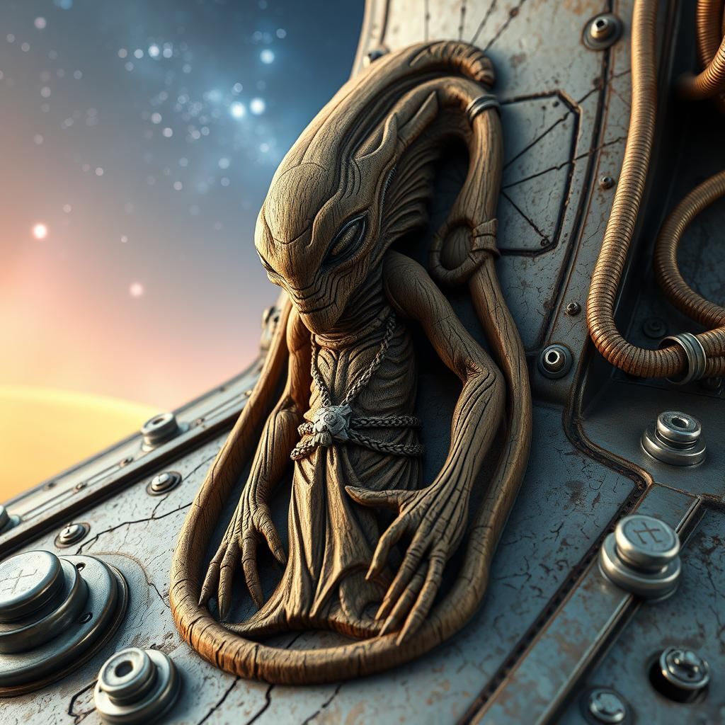 Alien Hero Wood Carving on Spaceship Hull