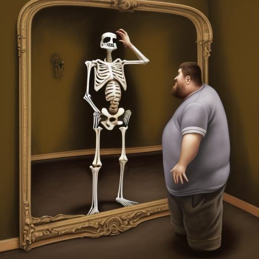 Man Confronts Skeletal Reflection in Ornate Mirror