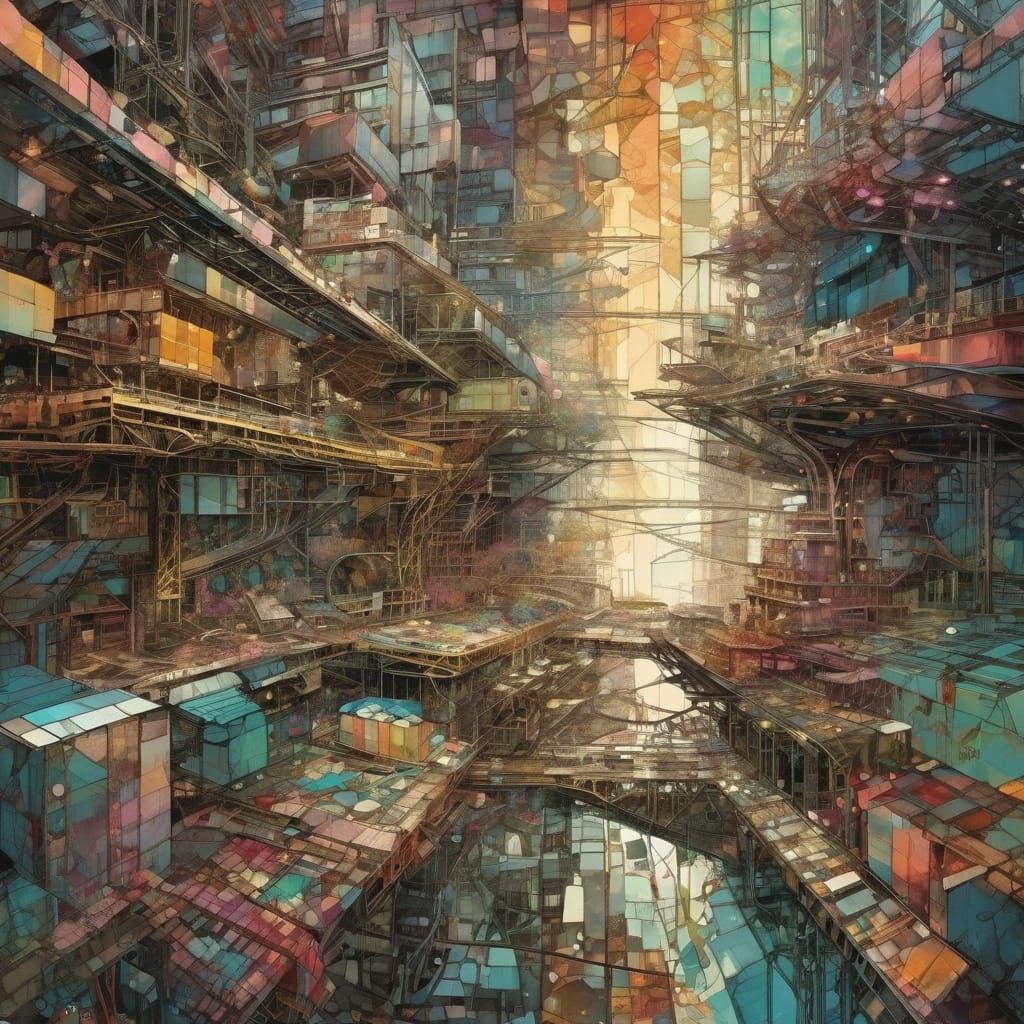 Cyberpunk Megastructure in Vibrant, Organic Colors