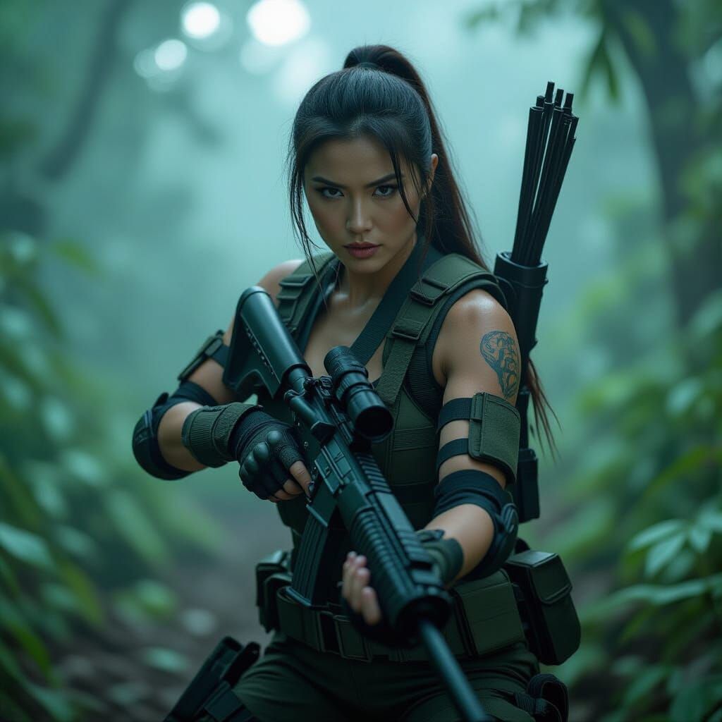 Asian Female Hunter in Jungle, Cinematic Film Style