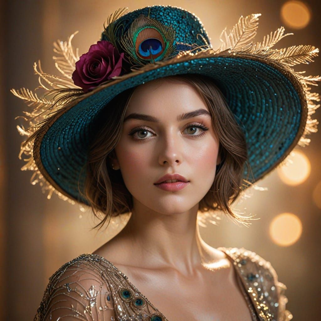 Art Deco Peacock Feather and Rose Petal Hat
