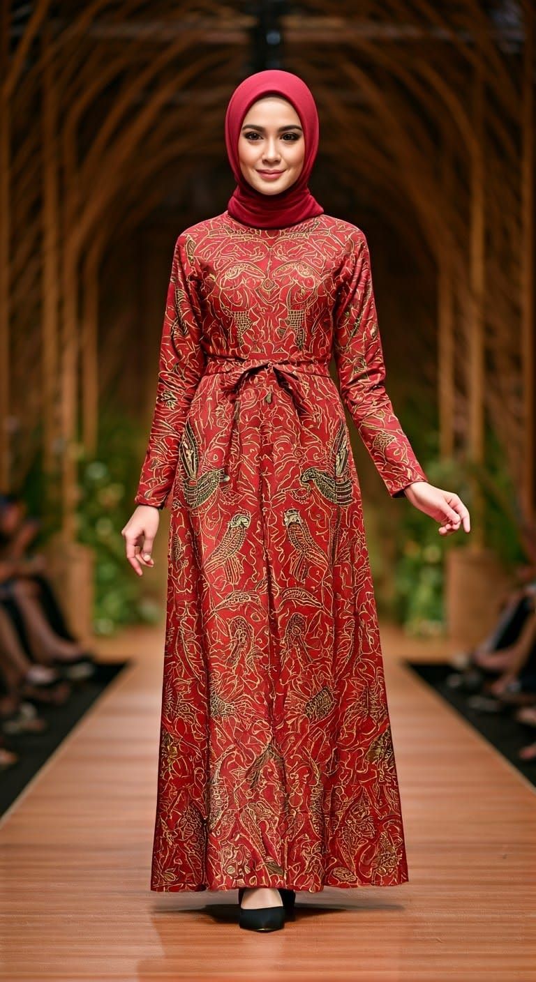 Elegant Asian Woman in Red Batik Fashion Show