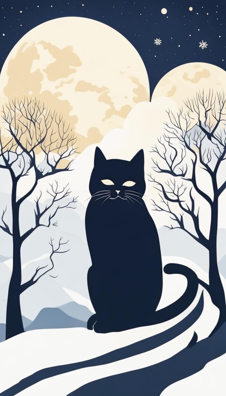 Minimalist Chinese Watercolor Painting of a Cat in Snow