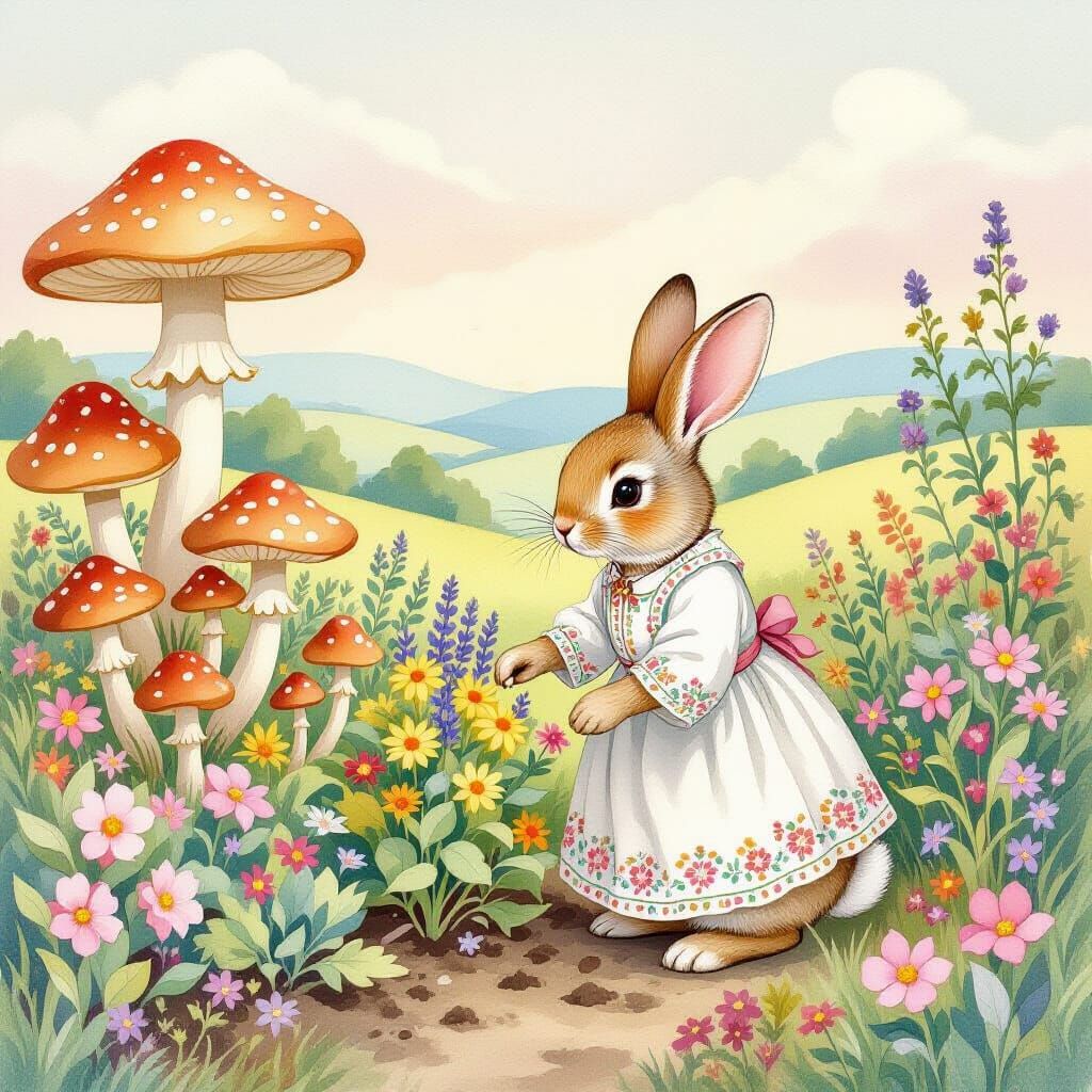Whimsical Bunny Tending Magical Mushroom Garden