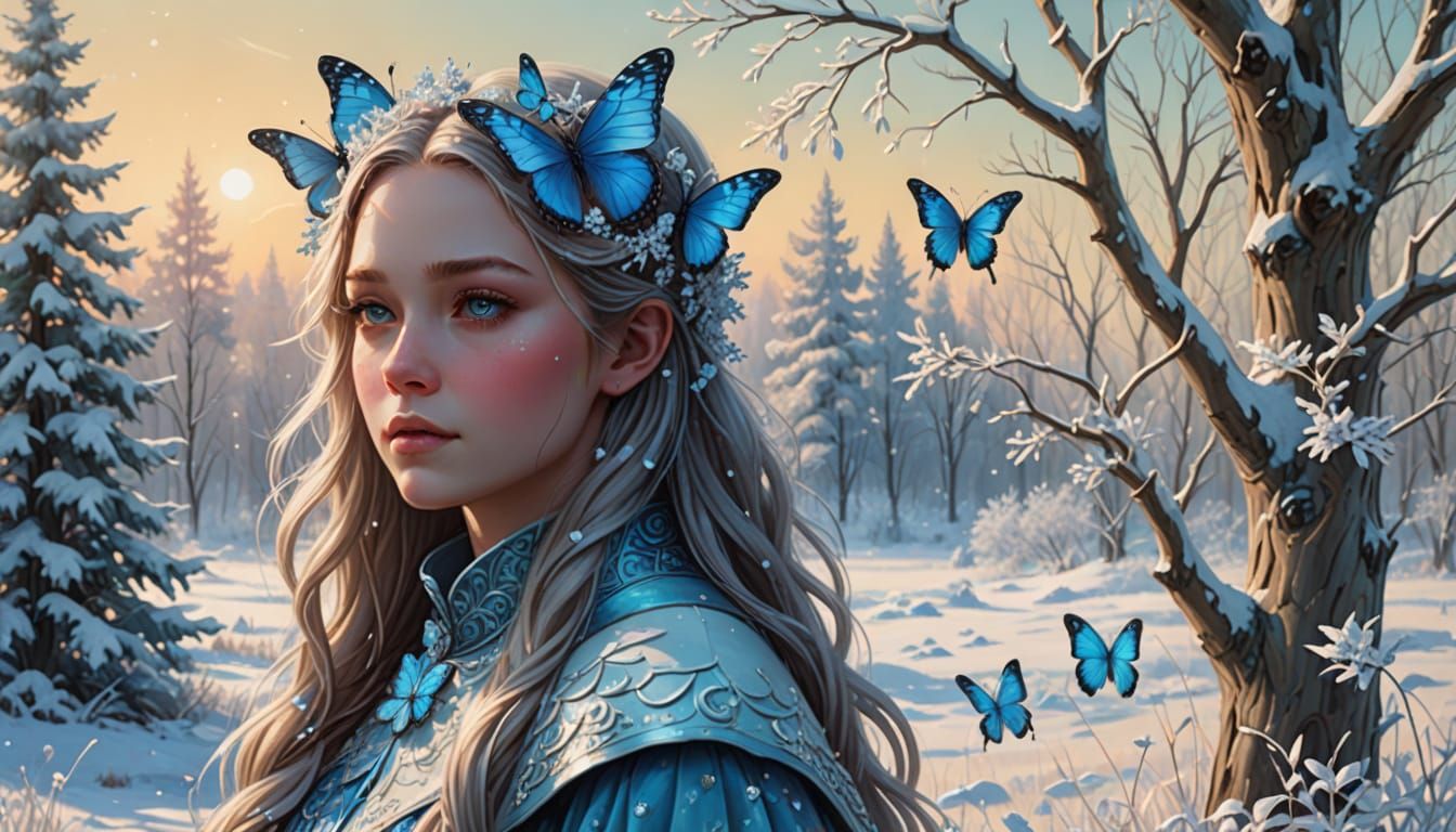 Magical Winter Wonderland Girl in Snowy Meadow with Vibrant ...