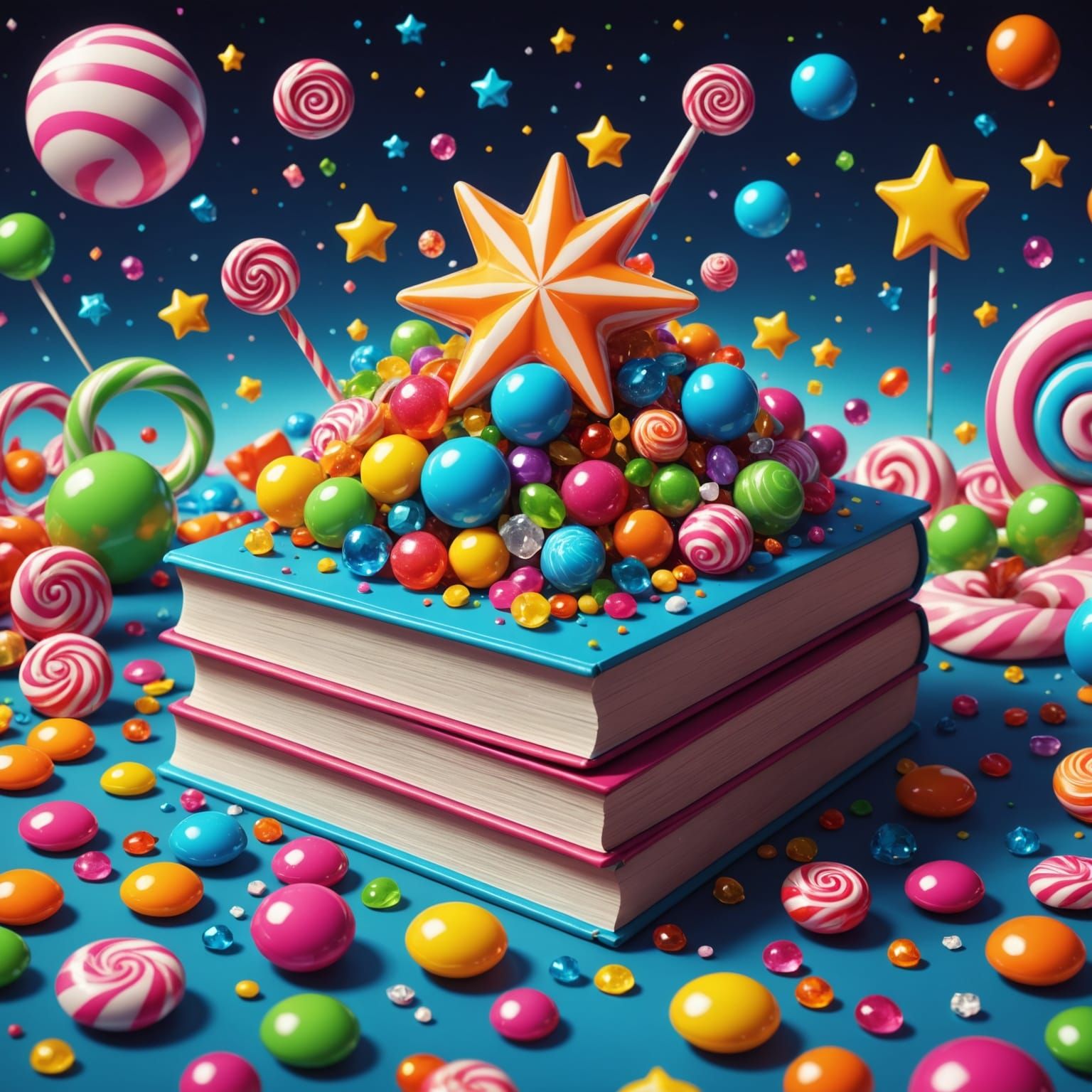 Candy Whimsy Erupts from Book Under Starry Night Sky