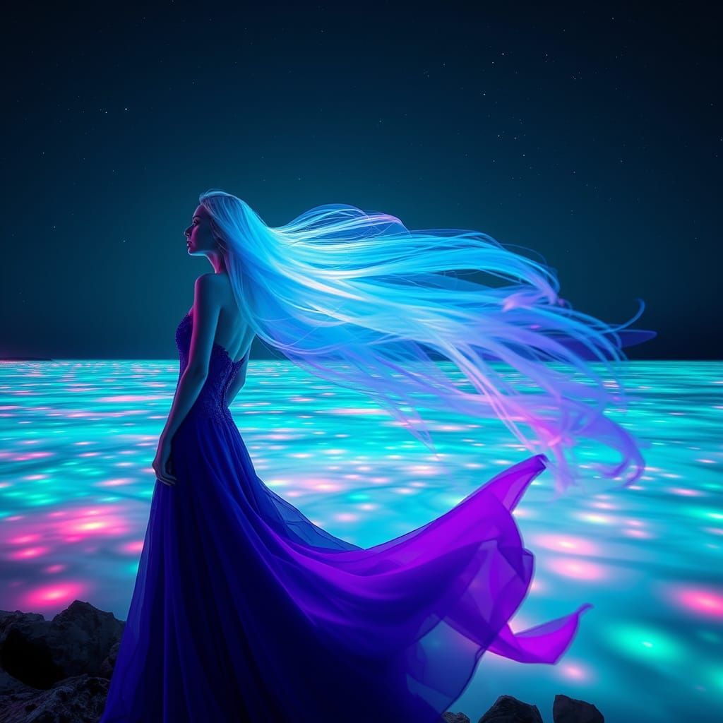 Bioluminescent Sea: Woman in Neon Night, Digital Art