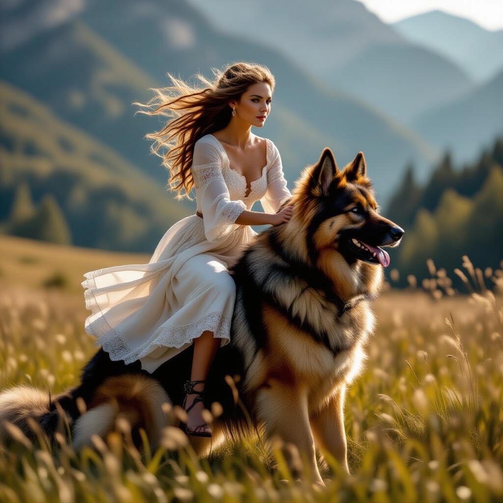 Woman Riding German Shepherd in Cinematic Film Still