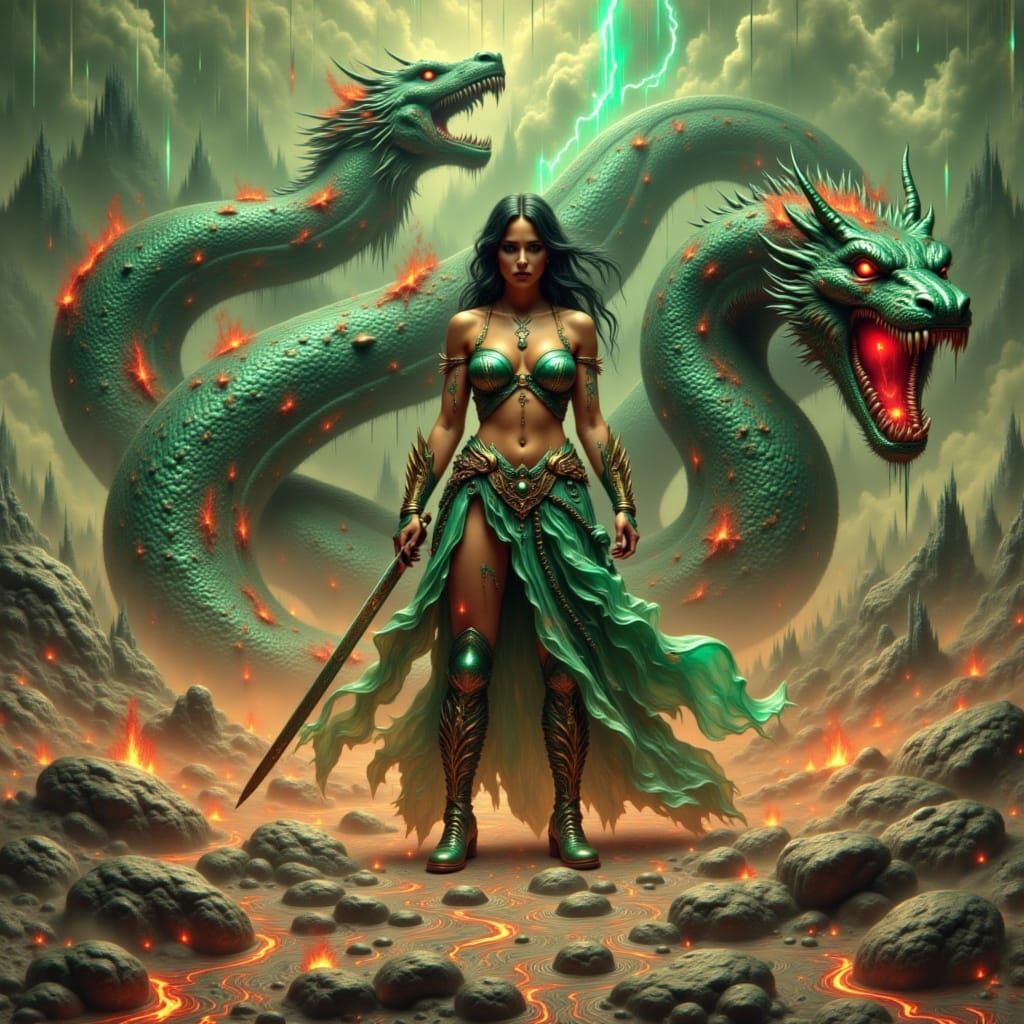 Warrior Queen Battles Hell Serpent in Fiery Volcanic Arena