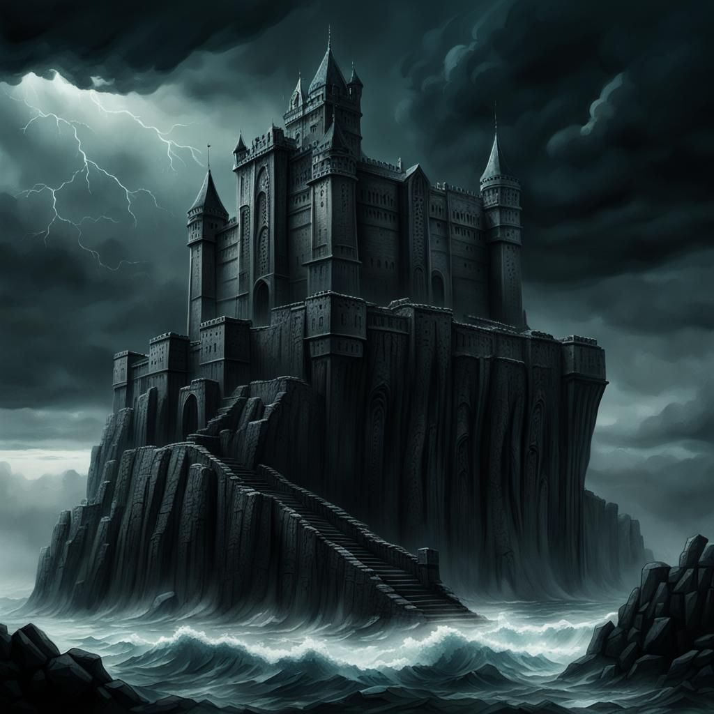 Dark Fantasy Castle on Cliff in Surreal Style