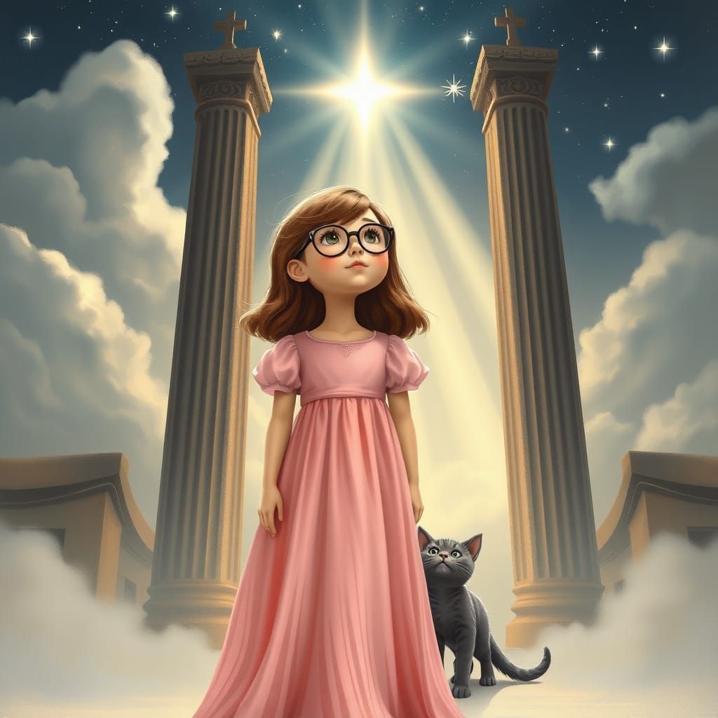 Girl in Pink Gown Waits at Heavenly Gates with Kitten