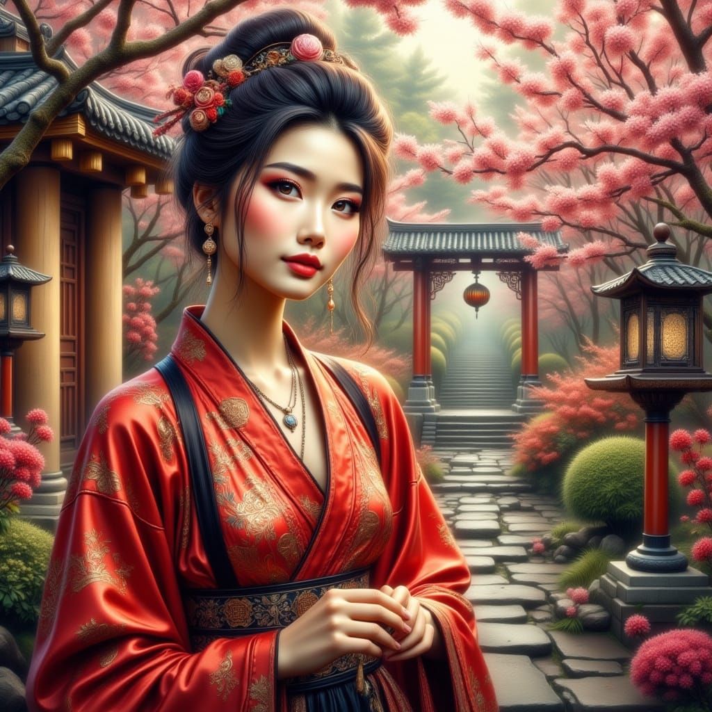 Beautiful Chinese Woman in Traditional Attire, Oil Painting ...