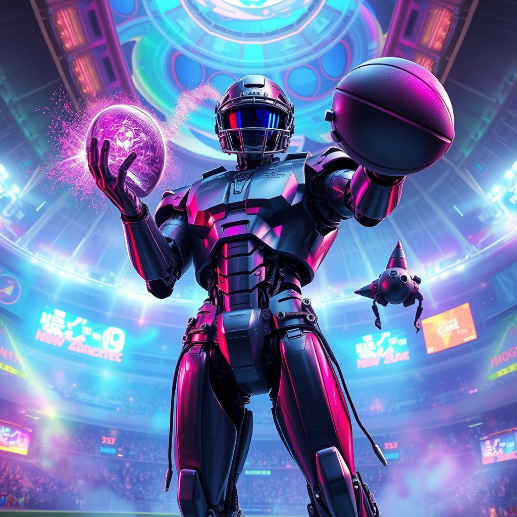 Futuristic Robot Football Player in a Sci-Fi Stadium
